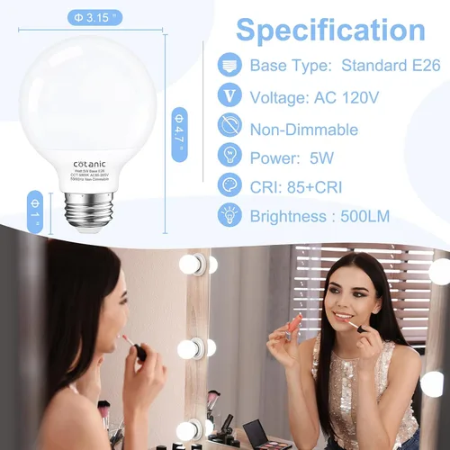Miniatura 2 de Cotanic Bombillas de globo de luz diurna de 5000 K, base estándar E26, 5 W (reemplazo incandescente equivalente a 60 vatios), 500 lm, no regulable