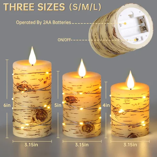 Miniatura 8 de Velas LED sin llama, velas LED pintadas a mano con efecto de corteza de abedul, juego de 3 velas con cadena de luces empotradas (H4,5,6"), pilar