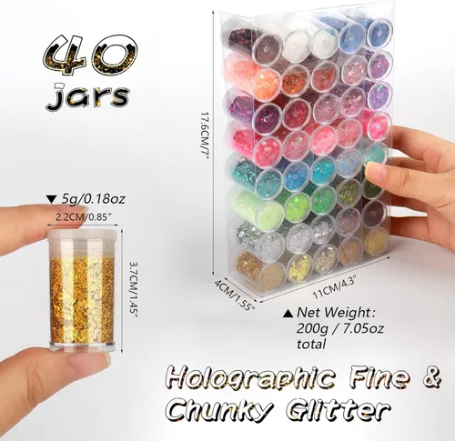 Miniatura 3 de Brillantina holográfica para manualidades, mezcla gruesa y fina, juego de 40 colores, cosmética para rostro, ojos, cabello, cuerpo, arte de uñas