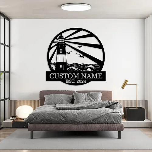 Miniatura 7 de Letreros de faro de metal personalizados Arte de pared de cabina al aire libre personalizado para playa costera Letrero de apellido Regalo