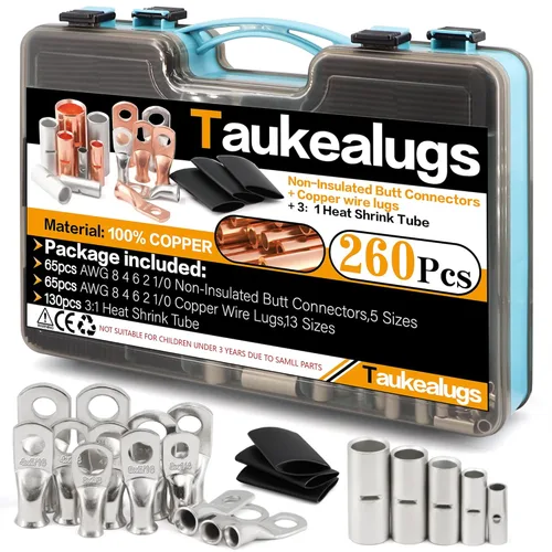 Miniatura 14 de Kit de 260 terminales de anillo de batería AWG8 de calibre 4 6 2 1/0 y conectores a tope no aislados, 65 lengüetas de férula de crimpado sin