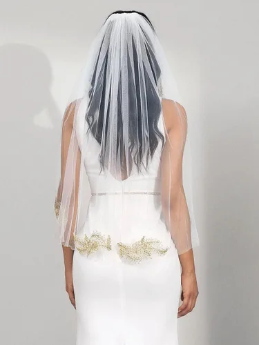 Miniatura 3 de Latious Apliques de encaje, velos de novia de 1 nivel, velo floral de novia con punta de los dedos, velos de tul con peine para novias y mujeres