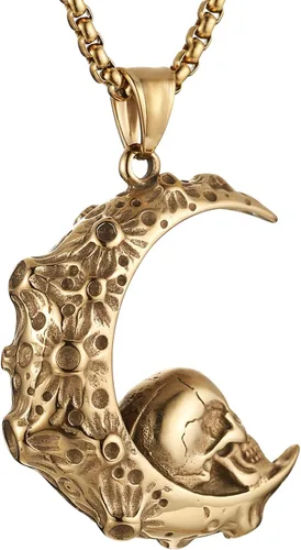 Miniatura 6 de HZMAN Collar con colgante de acero inoxidable con diseño gótico retro de luna creciente y cráneo, cadena de 22+2 pulgadas