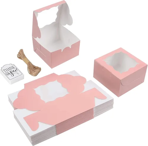 Miniatura 5 de KPOSIYA 60 piezas de cajas de panadería rosas con ventana, cajas individuales para cupcakes de 10 x 10 x 6 cm, cajas de papel kraft rosas
