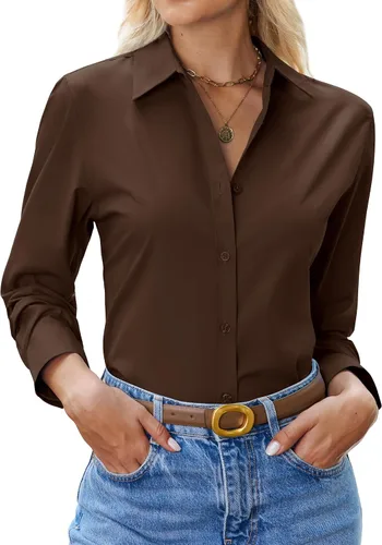 Miniatura 22 de siliteelon Camisa con botones para mujer: camisa de vestir con cuello de manga larga de algodón con botones, blusa de trabajo y oficina