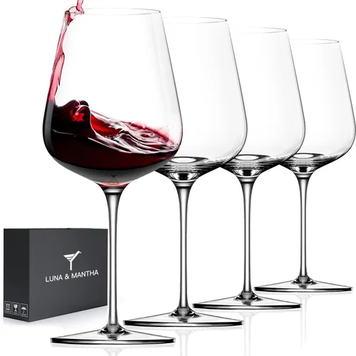 LUNA & MANTHA Juego de 4 copas de vino tinto de cristal con tallo, copas de vino sopladas a mano de 17oz, perfectas para regalo con empaque rojo y