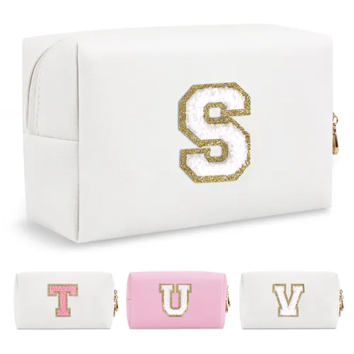 Miniatura 273 de Pequeña bolsa de maquillaje personalizada con inicial A-Z Preppy Patch, bolsa de cosméticos de viaje de felpilla blanca con cremallera, bonita bolsa