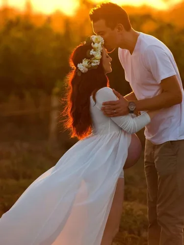 Miniatura 6 de YnimioAOX Vestido de maternidad de manga larga con hombros descubiertos para fotografía vestido de maternidad de gasa para sesión de fotos