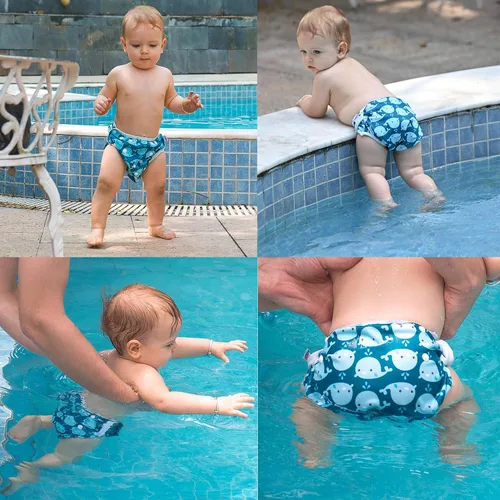 Miniatura 3 de Alva, Pañales de bebé para nadar, paquete de 2 unidades, talle único, reutilizable, lavable y ajustable de 0 a 36 meses. Tamaño de 10 a 40 lbs