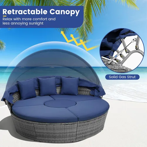 Miniatura 5 de HAPPYGRILL Sofá cama al aire libre con toldo, sofá modular de mimbre de ratán con mesa auxiliar, cojines, juego de conversación de patio para Gris