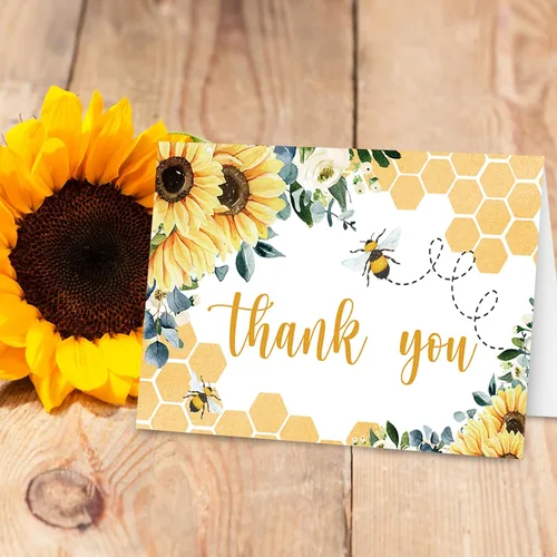 Miniatura 6 de Whaline 24 tarjetas de agradecimiento de abeja de girasol a granel, tarjetas de felicitación florales de verano con adhesivo sobre para boda, baby