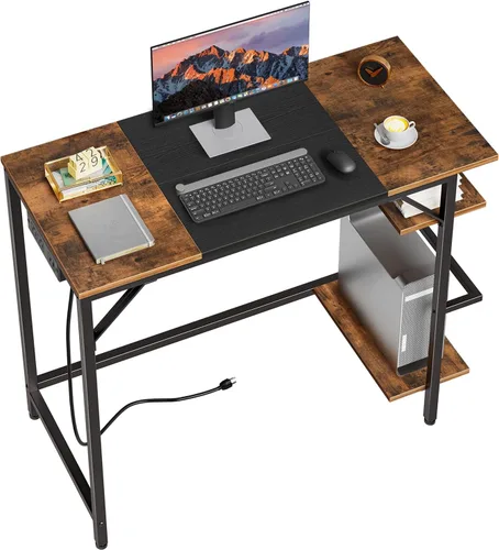 Miniatura 10 de HOOBRO Escritorio pequeño para computadora, escritorio de oficina en casa con toma de corriente, escritorio de escritura con 2 estantes, escritorio