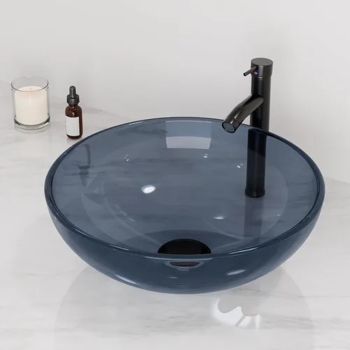 Miniatura 18 de Lavabo de Recipiente 16.5" Lavabos de Baño Vidrio Templado Verde Lavabo de Arte Cuenco Redondo con Combo de Grifo Verde, Lavabo de Encimera