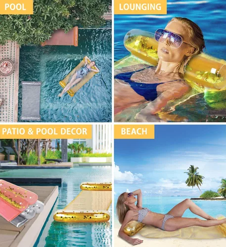 Miniatura 3 de POZA Hamaca inflable de agua – Lujosa tumbona flotante de piscina rellena de confeti, silla de ejercicio 4 en 1, silla de descanso, hamaca y Oro
