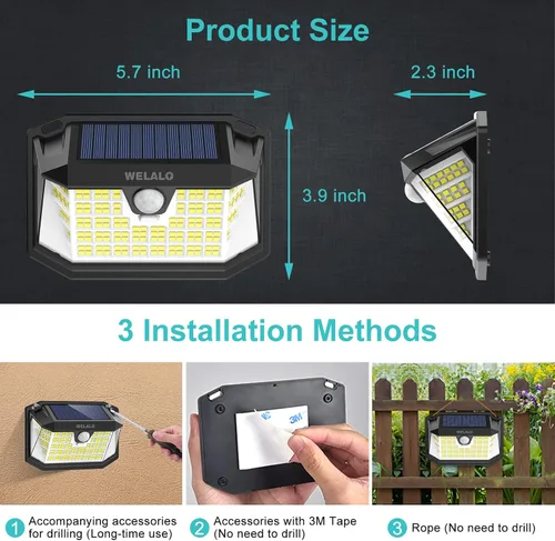 Miniatura 3 de WELALO Luces solares con sensor de movimiento para exteriores, [3 modos/4 paquetes/188 LED] Iluminación gran angular de 270°, luces de pared