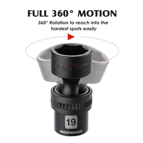 Miniatura 4 de MIXPOWER Juego de 10 piezas de llaves vaso universales de impacto poco profundo de 3/8", métrico, 10-19mm, llave de giro con oscilación flexible