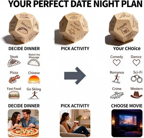 Miniatura 2 de Juego de dados de noche de cita para parejas, decisor de dados de comida y dados de actividad de película con moneda de metal, juego romántico de 6