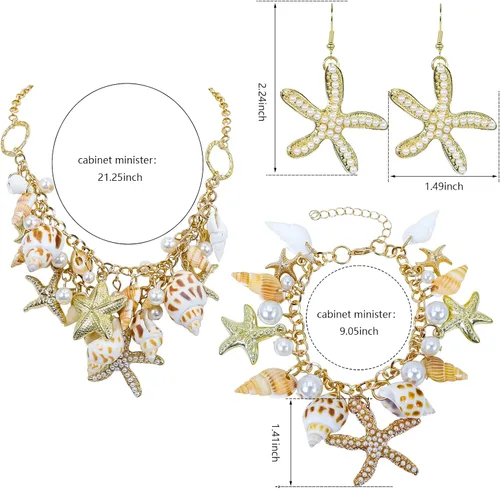 Miniatura 3 de Halawly Gargantilla de concha de cola de sirena, collar de moda con diseño de concha de mar y estrella de mar de perlas de imitación, collar grueso