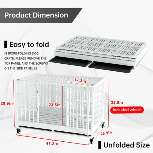 Miniatura 2 de Snuowu Jaula resistente para perros de 48/121,92/96,52 cm con ruedas, jaula plegable de metal para perros grandes y medianos, jaula extra grande XL