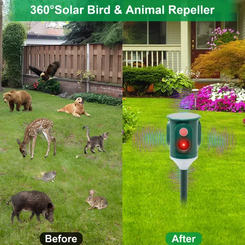 Miniatura 2 de Repelente solar ultrasónico de animales para exteriores, disuasorio de plagas activado por movimiento de 360° con luz estroboscópica, protección