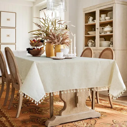 Miniatura 9 de Mantel rectangular de lino beige crema para comedor y cocina, mantel rectangular de arpillera de lino con borlas, resistente, rústico, campestre