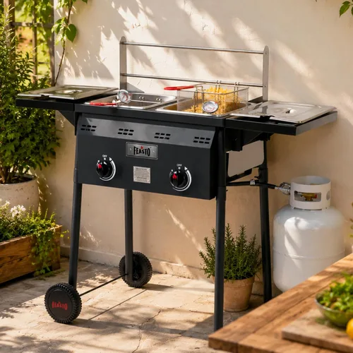 Miniatura 9 de Freidora profunda al aire libre de propano Feasto, tanque doble con quemadores independientes dobles de hierro fundido y termómetros, olla