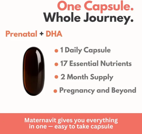 Miniatura 6 de MaternaVit 1 al día Vitaminas prenatales para mujeres 2 mes: ácido fólico, aceite de pescado Omega 3 DHA/EPA, vitamina D3, B6, Vitmain B12, C, E
