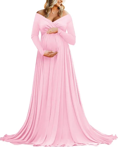 Saslax - Vestido de noche de maternidad con hombros descubiertos, corte de medio círculo, para baby shower, fotos