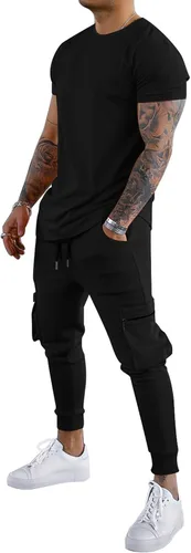 Babioboa Conjunto de 2 piezas de camiseta y pantalones deportivos para hombre, con bolsillo con solapa, pantalones deportivos holgados y lisos,