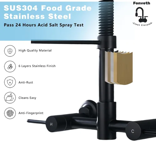 Miniatura 4 de Grifo de cocina de montaje en pared, grifo de fregadero de cocina de montaje en pared de centro de 8 pulgadas con rociador desplegable, comercial