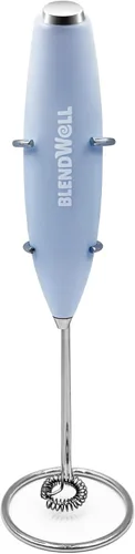 BlendWell Espumador de leche eléctrico para matcha y café, mezclador de bebidas de mano con batería, con soporte, batidor de acero inoxidable, azul