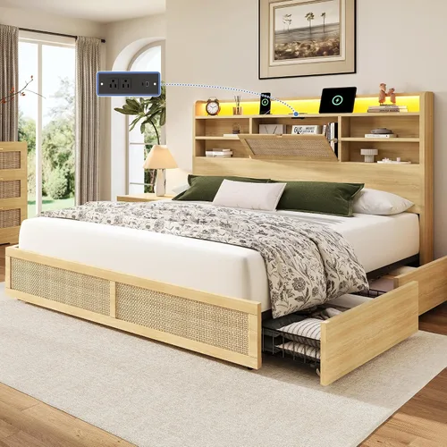 Miniatura 10 de BRELTAM Marco de cama de ratán tamaño Queen con 4 cajones de almacenamiento y cabecera de almacenamiento oculto, marco de cama de plataforma