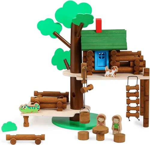 SainSmart Jr. Juego de construcción de casa de árbol de madera de 2 niveles, regalo educativo para niños, juguete creativo STEM con cabañas y hojas