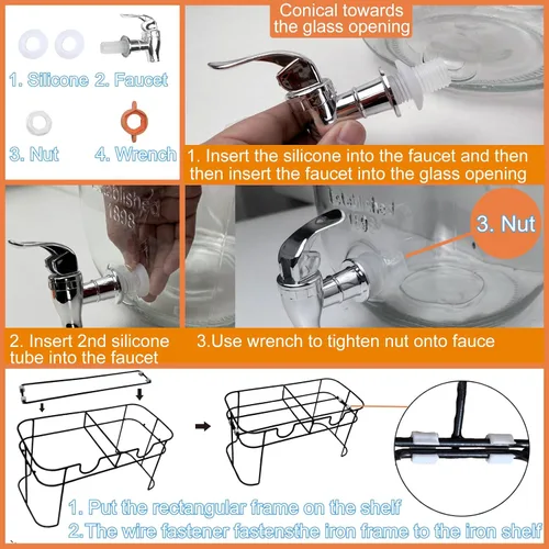 Miniatura 6 de Despachador de bebidas de vidrio de 1 galón para fiestas, paquete de 2, dispensador de jugo, limonada, té helado y agua con soporte, dispensadores