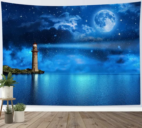 Miniatura 3 de HVEST Tapiz de luna y cielo nocturno para colgar en la pared, luna llena y galaxia estrellada con faro sobre el océano, tapiz colgante de pared