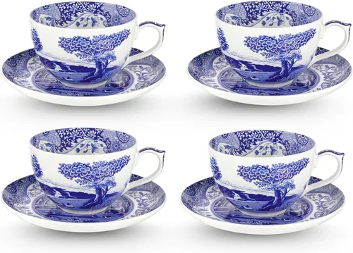 Spode Taza de té y platillo italiano azul, juego de 4 tazas gigantes, taza de café, taza de 20 onzas para té, lattes, expresos y bebidas calientes,