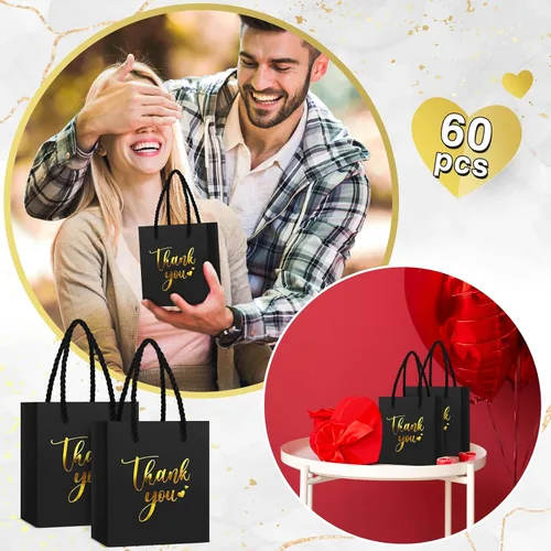 Miniatura 5 de Honoson - 60 mini bolsas de regalo de agradecimiento con asa a granel de 4 x 2.75 x 4.5 pulgadas, pequeña bolsa de papel de aluminio para envolver