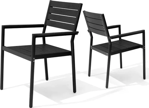 Pellebant Juego de 2 sillas de comedor apilables para exteriores, sillas de patio de aluminio con brazos, para todo tipo de clima, para jardín, Negro
