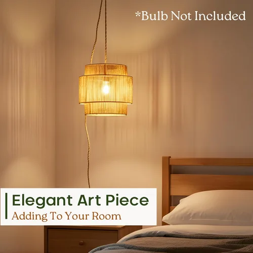 Miniatura 8 de Chi An Home Lámpara colgante de yute bohemio de 11.8 pulgadas con enchufe, lámpara colgante natural tejida a mano con enchufe e interruptor de luz