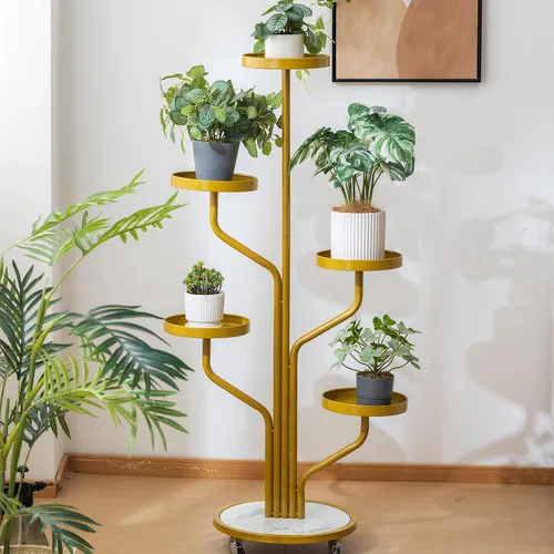 Miniatura 6 de CHPHI Soporte para plantas de hierro forjado de 4 niveles para interiores, estante alto de metal para múltiples plantas, soporte de metal con ruedas
