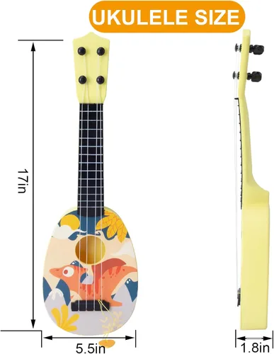 Miniatura 3 de YOLOPLUS+ Ukelele de juguete para niños, juguete musical de guitarra para niños, 4 cuerdas de acero de 17 pulgadas, con púa, juego educativo