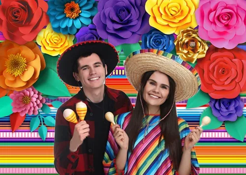 Telón de fondo de fiesta temática mexicana a rayas, fiesta de Cinco de Mayo, fondo de flores de papel, decoración de fiesta para decoración de mesa