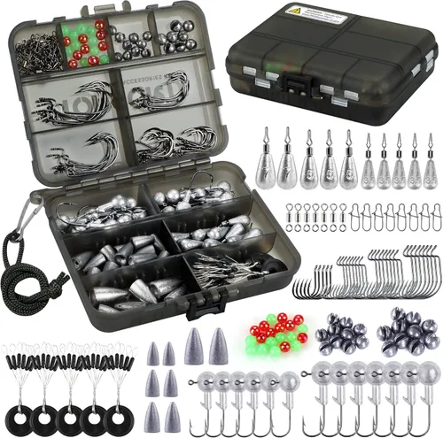 TOPFORT Kit de 187/343 piezas de accesorios de pesca, Caja de aparejos de pesca organizada con aparejos incluidos, anzuelos de pesca, pesas de
