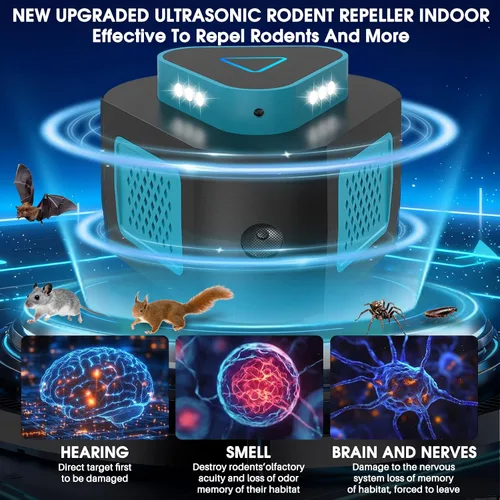 Miniatura 5 de Repelente ultrasónico para ratones, 4 modos, control de roedores de plagas para ratones, ratas, ardillas, murciélagos, cucarachas, arañas, repelente