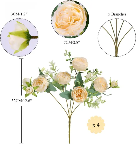 Miniatura 2 de Floweroyal 4 Ramos de Flores Artificiales de Peonía Color Champán, Ramos de Peonías de Seda para Bodas, Fiestas, Centros de Mesa de Mesa, Arreglos