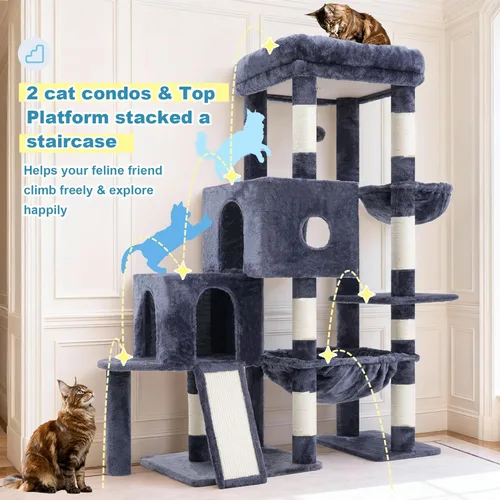Miniatura 3 de Hey-brother Torre de árbol para gatos, postes rascadores con plataforma grande, 2 condominios, hamaca espaciosa, cesta acogedora, tabla de sisal