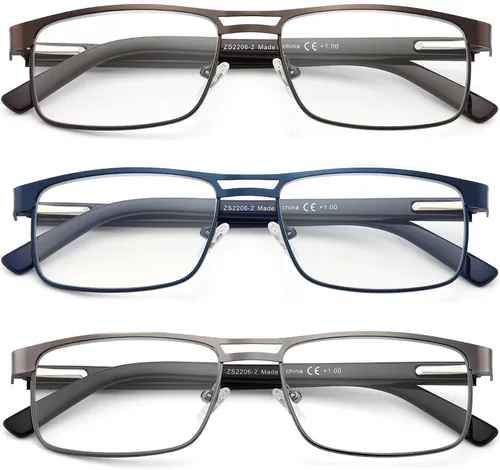 Lentes de lectura de metal para hombres, con bloqueo de luz azul, lentes rectangulares de borde completo, bisagras de resorte, paquete de 3: