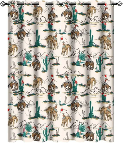 Miniatura 44 de Cortinas opacas retro de vaquero occidental para dormitorio, estilo rústico, cactus, salvaje oeste, vaquero, paseo, caballo, con ojales, aislamiento