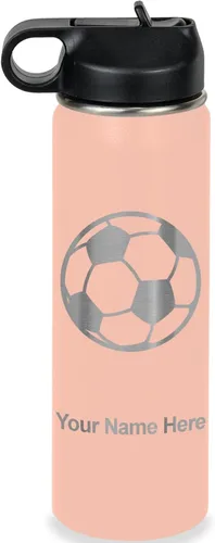 Miniatura 67 de LaserGram Botella de agua personalizada, pelota de fútbol, acero inoxidable de doble pared aislada al vacío con popote superior, regalo grabado