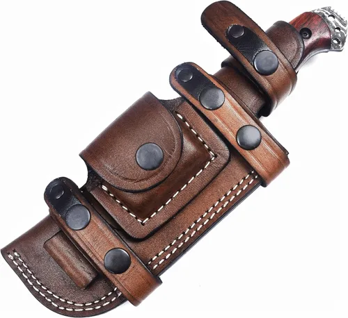 Miniatura 10 de Ottoza Cuchillo de caza de hoja fija con funda de cuero y transporte horizontal, cuchillo de supervivencia y campamento al aire libre de espiga